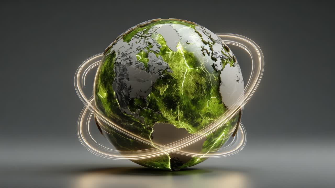 Immagine Accattivante della Terra Circondata da Anelli di Luce Dinamici, che Mostra Paesaggi Naturali e un'Enfasi sulla Connettività Globale e il Flusso di Energia