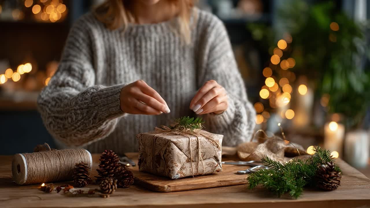 A Cozy Atmosphere of Gift Wrapping: The Joy of Creating Beautifully Wrapped Presents with Natural Decorations and Warm Lighting