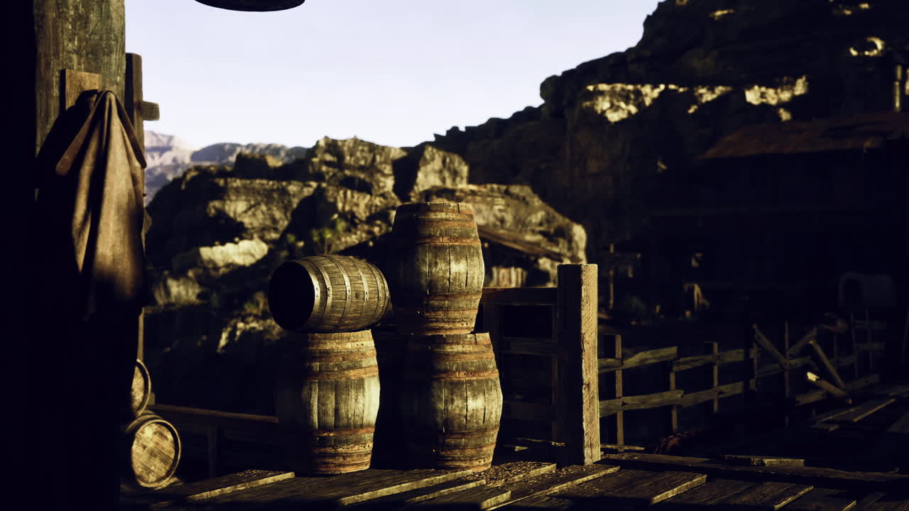 Barris rústicos em uma plataforma de madeira em uma paisagem montanhosa ao entardecer