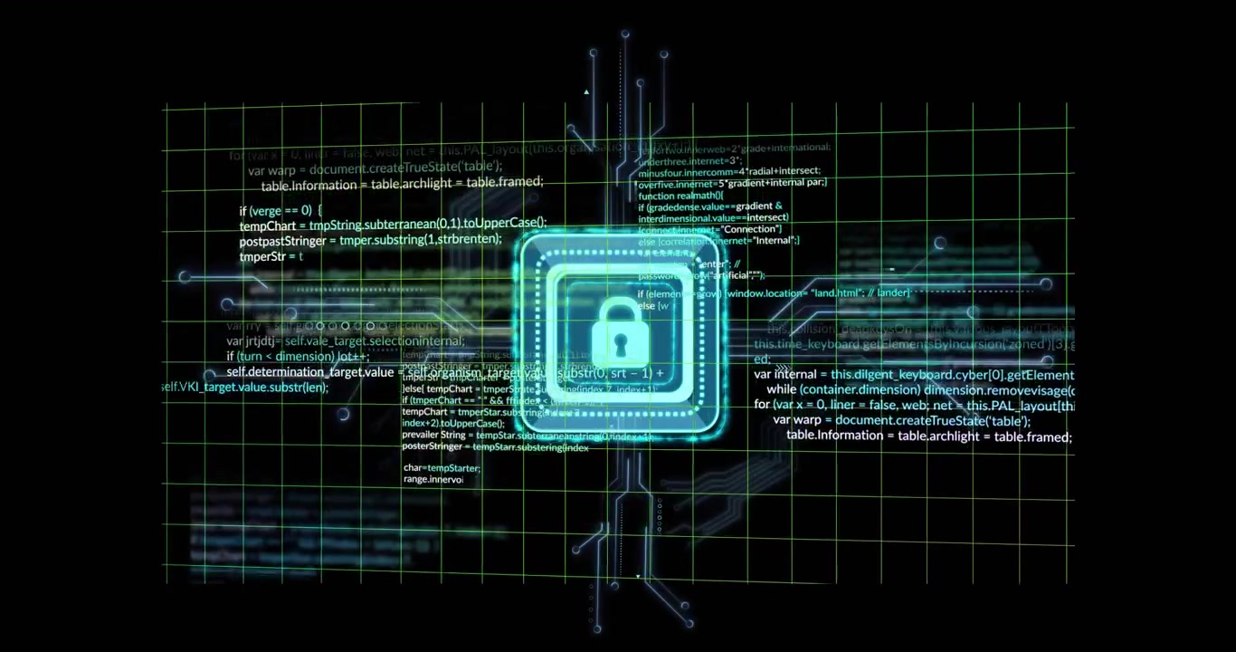 Opening grid revealing turquoise lock fading, pulsing circuits and streaming code encrypting data