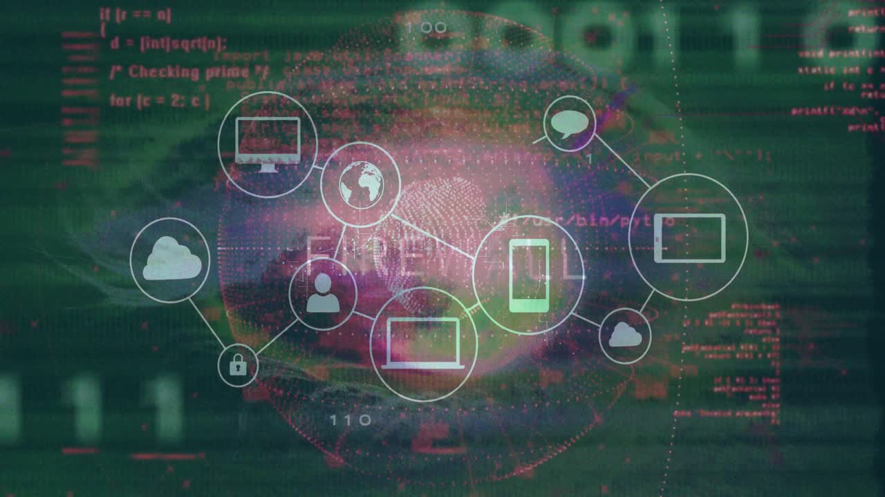 Glitchy code streaming over firewall sphere initiating icons linking illustrating secure network