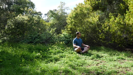 a white young man sitting in a green grassy forest meadow in nature on a scenic sunny day thinking about life and meditating to increase happiness