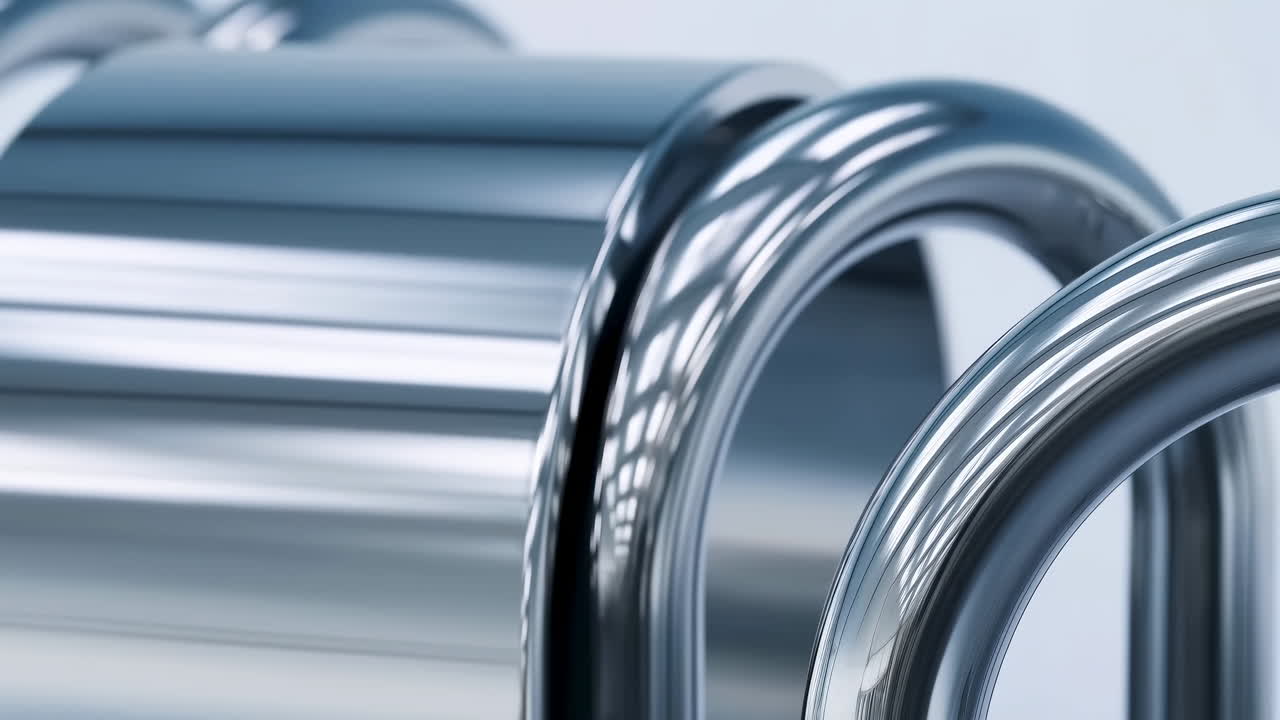 Anelli metallici astratti in rotazione fluida con un design moderno.