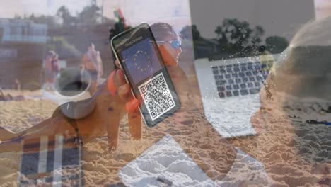 animación de una mujer con pasaporte covid en un teléfono inteligente sobre una mujer jugando voleibol en la playa