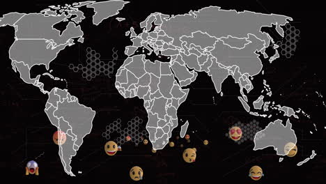 World map animation with various emoji faces overlaid on different regions