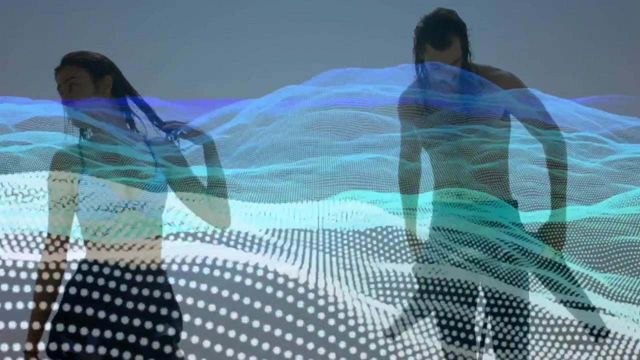 Male, female models posing in studio dotted mesh moving across causing swim hair tucking fashion