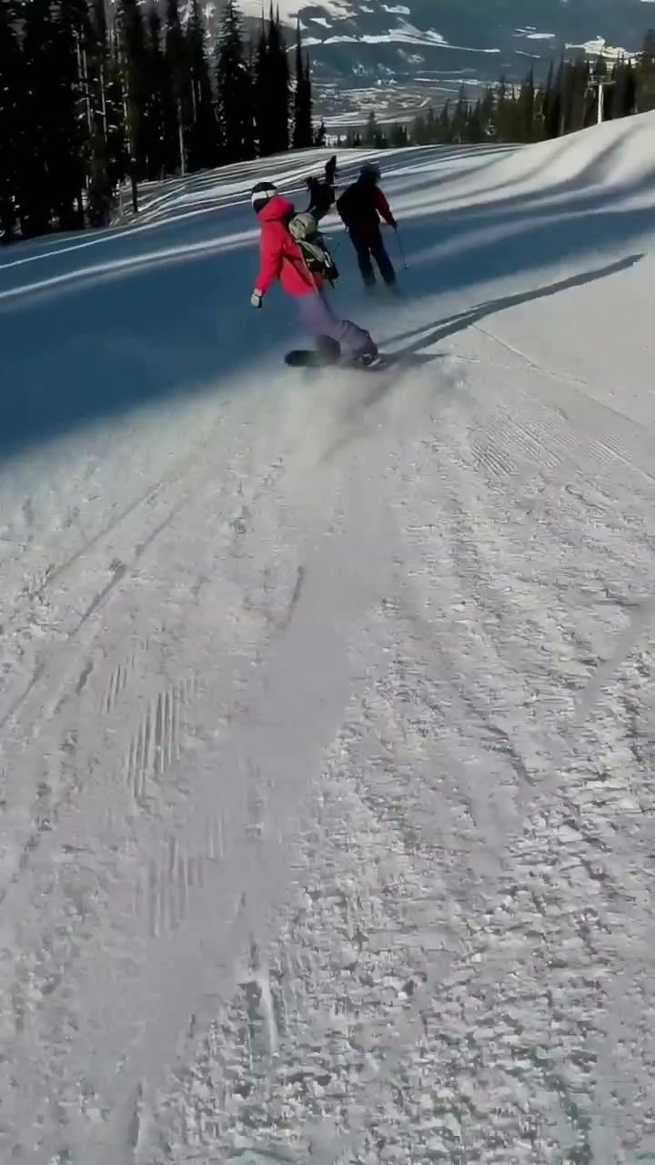 Video verticale: Inseguendo uno snowboarder in rosso, uno sciatore filma da dietro mentre il gruppo scende su una pista battuta.