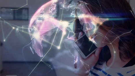 animation of network of connections and globe over women using smartphone