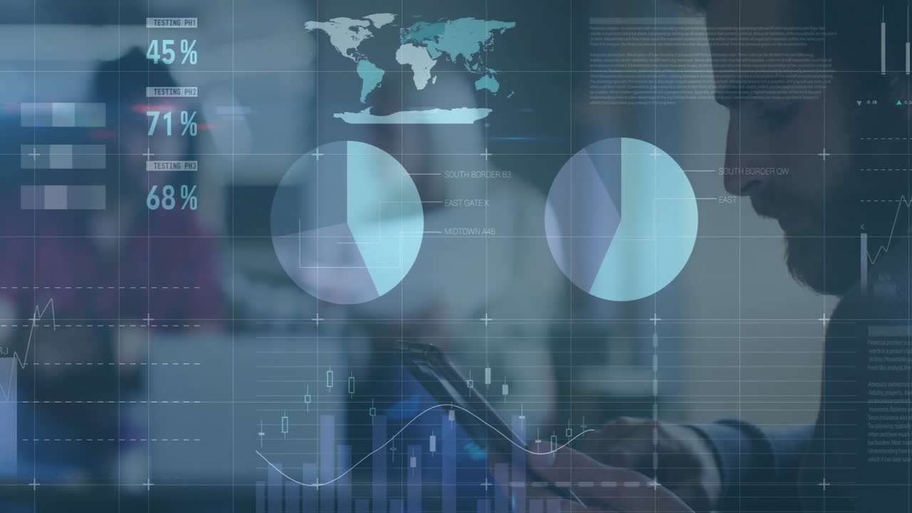 animación del procesamiento de datos financieros sobre el empresario caucásico en el cargo
