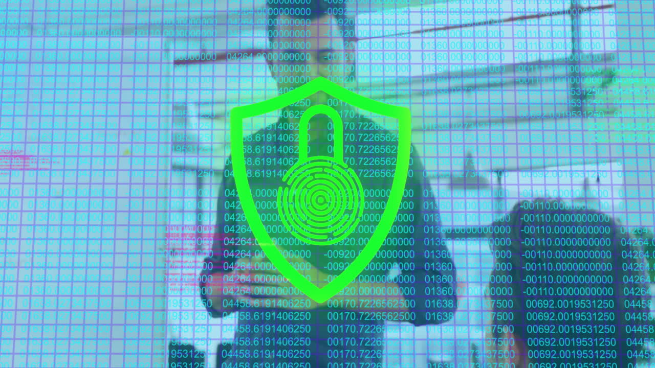 Digital security lock animation over person using smartphone with data grid