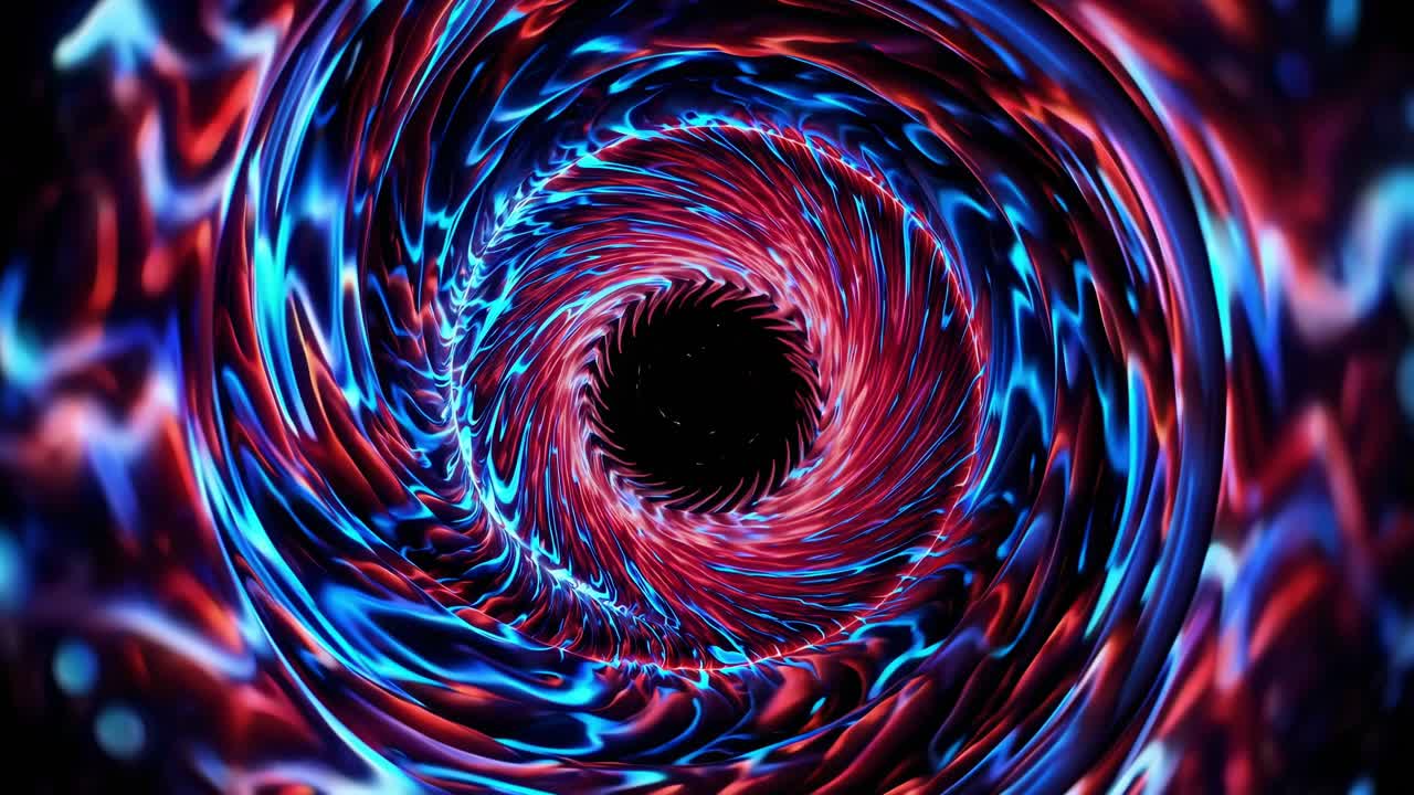 Vibrant blue and red particles dynamically spinning around dark central void, generating immersive tunnel like visual representation of kinetic energy and fluid movement