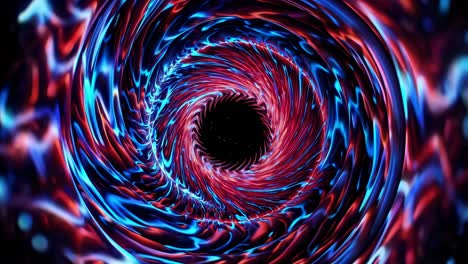 vibrant blue and red particles dynamically spinning around dark central void, generating immersive tunnel like visual representation of kinetic energy and fluid movement