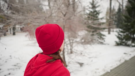 young adult wearing red beanie and hoodie jogging outdoors during winter surrounded by snow-covered trees, serene park pathway, evergreen pines, and foggy atmosphere, embodying fitness