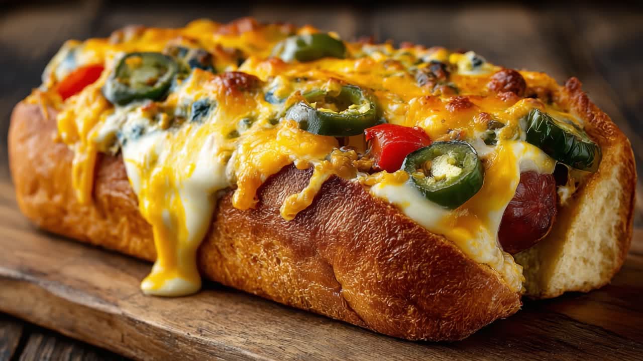 Una Deliziosa Casseruola di Hot Dog al Formaggio Carica di Formaggio Fuso, Jalapeños e Peperoni Colorati, Perfettamente Cotta alla Perfezione Dorata su un Tagliere di Legno Rustico