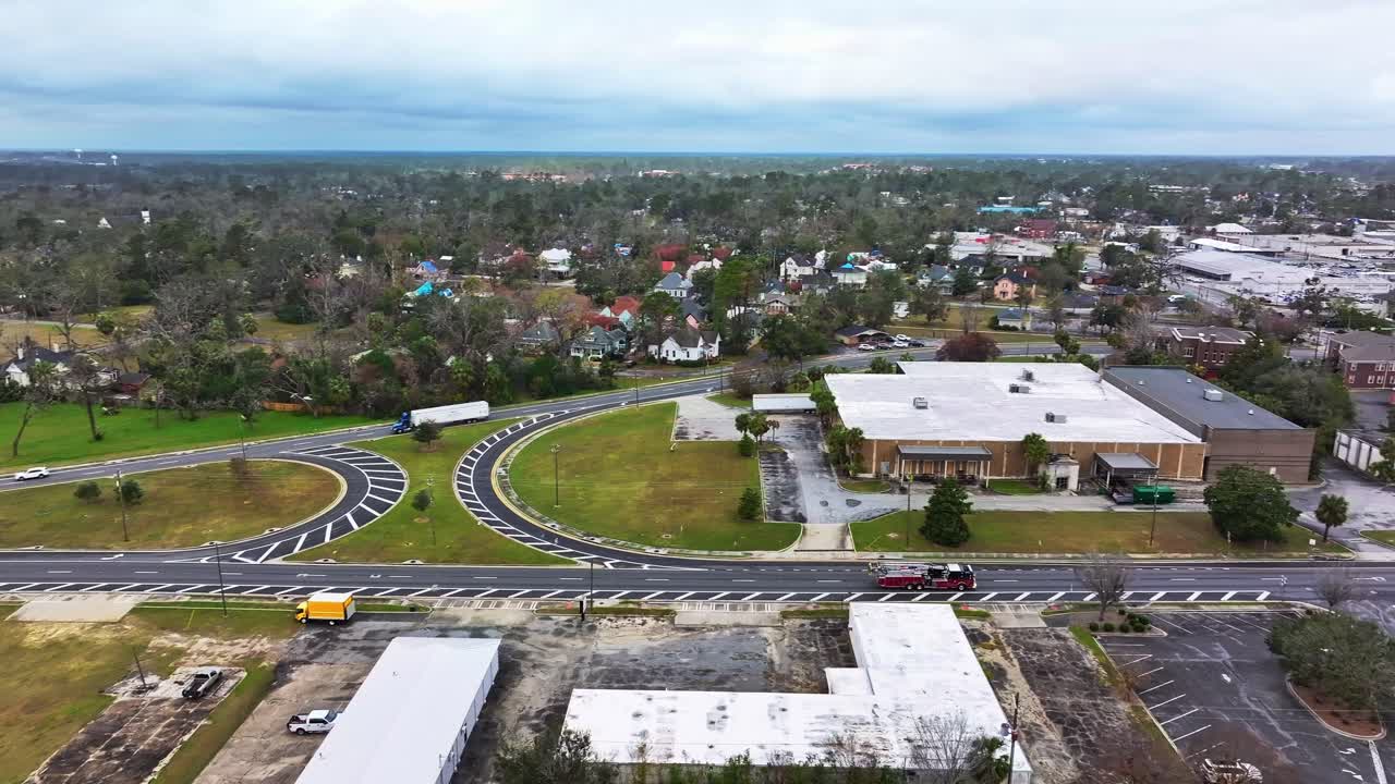 Truck Driving On Highway 221 In City Of Valdosta, Lowndes County, Georgia, USA. aerial panning shot