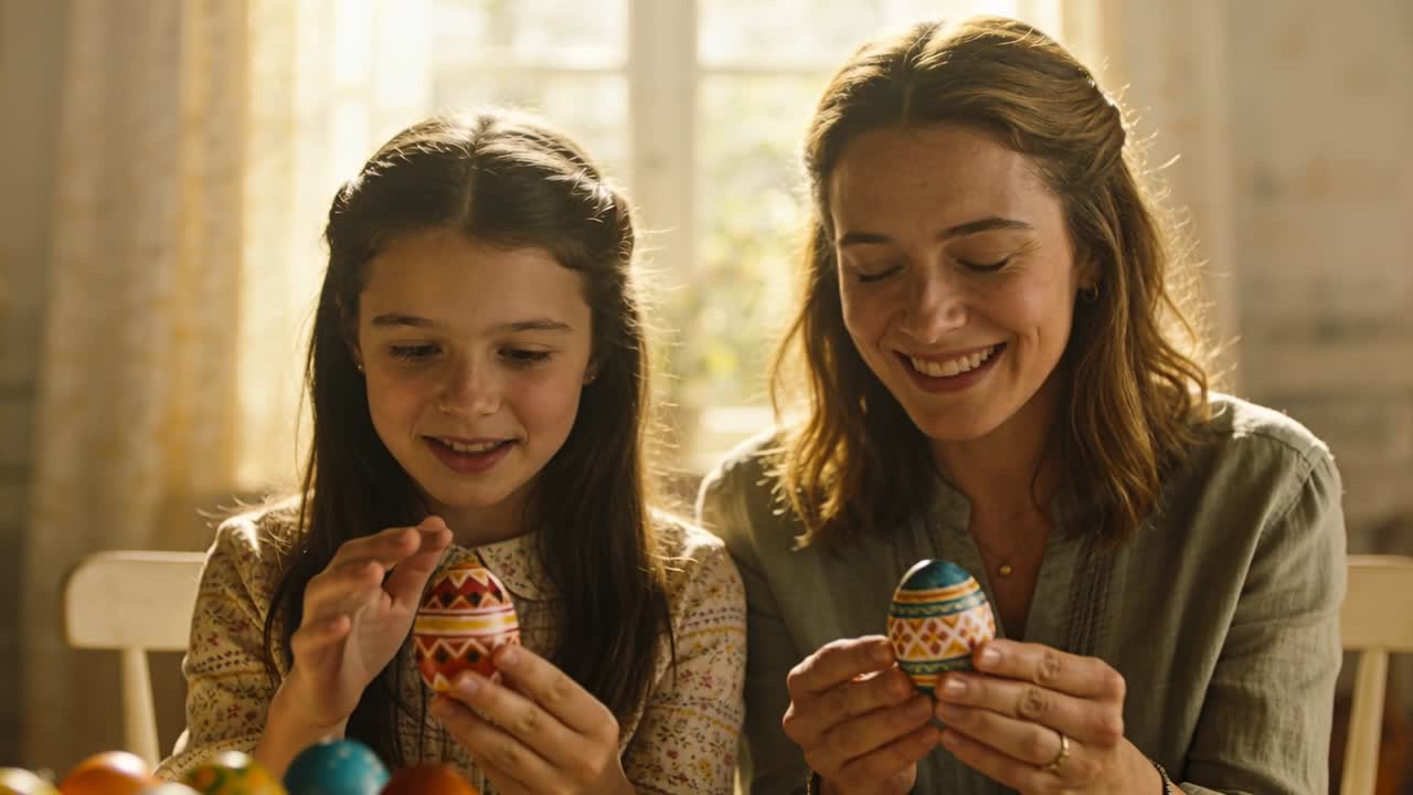 Smiling mother and daughter turning decorated eggs at home, inspecting red-and-gold and blue eggs