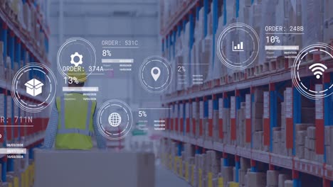 animation of icons with data processing over caucasian male worker in warehouse