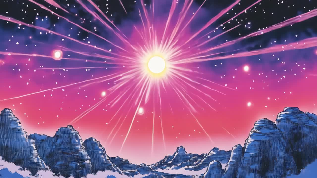 Paisagem cósmica vibrante com uma visão em ângulo baixo de um raio de sol radiante sobre montanhas, reminiscente