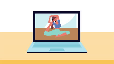 mujer practicando yoga en la computadora portátil