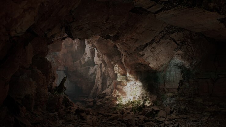 A Dark Cave Entrance With Light Rays Shining In