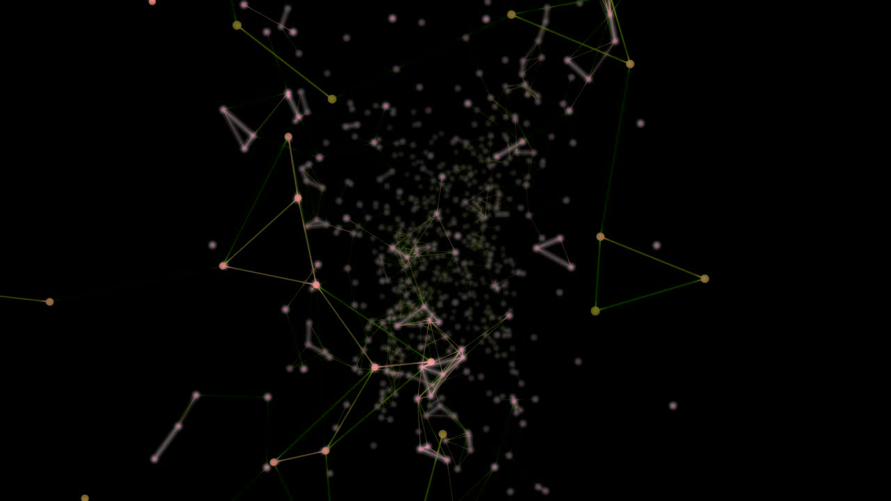 Colourful trajectories forming triangles on the black background.