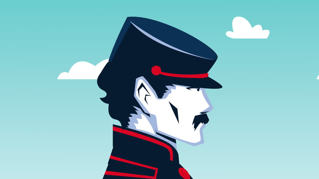 feliz día conmemorativo animación con soldado personaje de perfil retro