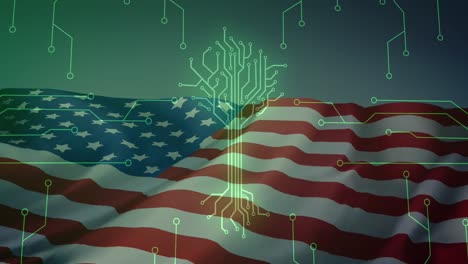 animation of circuit board data processing over flag of united states of america