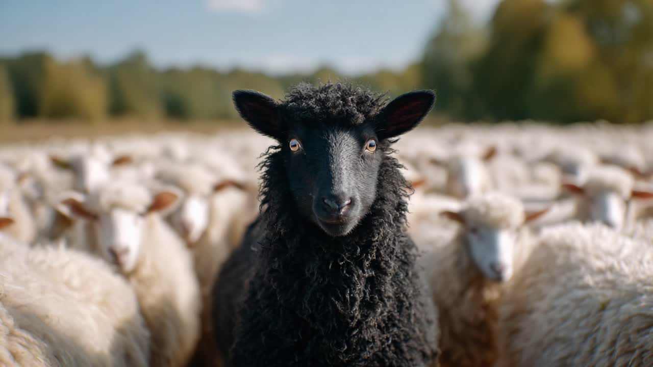 A Striking Black Sheep Stands Out Among the White Flock in a Serene Pastoral Landscape, Showcasing Nature's Unique Variety and Beauty
