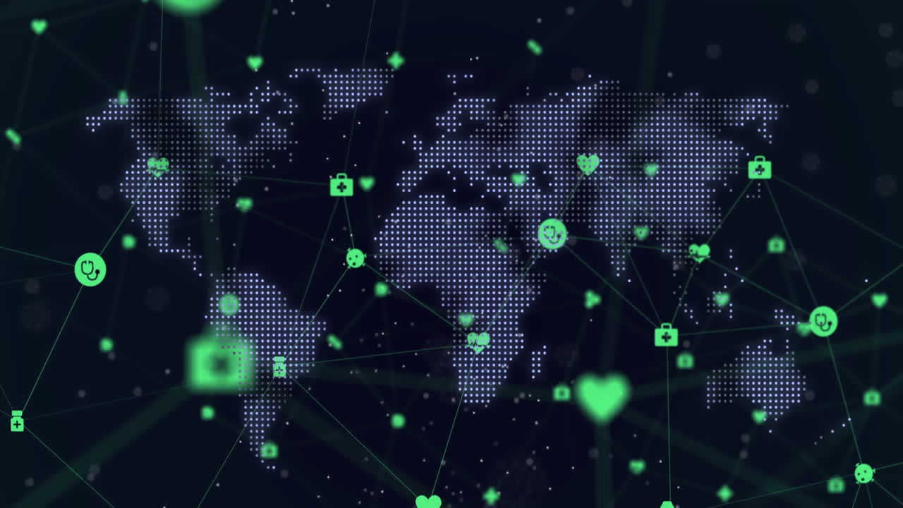 animación de la red de iconos médicos sobre el mapa del mundo contra un fondo azul