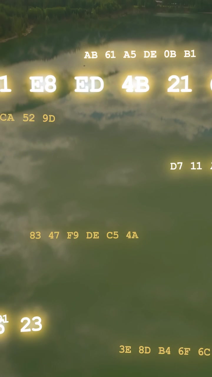 Vertical video: Glowing hex codes drifting and brightening with camera panning down revealing lake
