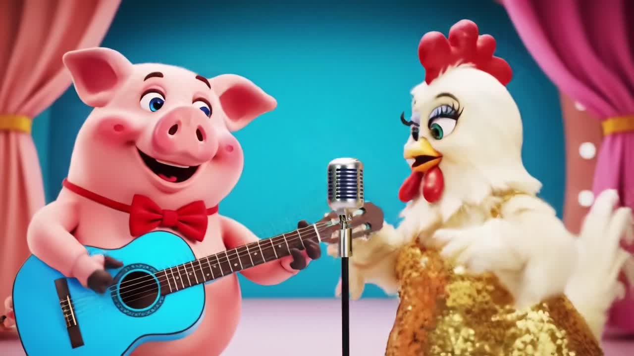 Cheerful animated characters engage in a lively musical performance on stage, showcasing their talent and camaraderie through music and entertainment