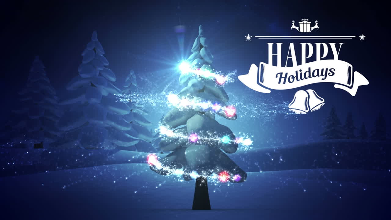 겨울 4k 동안 행복한 휴일 표지판과 장식 된 크리스마스 트리