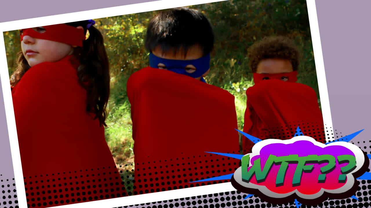 정원에서 아이들의 그룹에 대한 연설 거품에 대한 wtf 텍스트