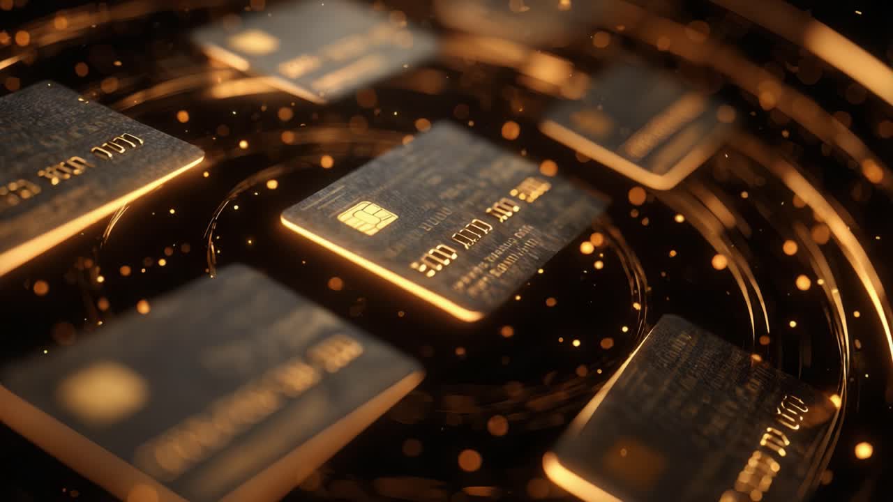 Sophisticated black and gold credit cards elegantly floating amidst glowing rings and particles, illustrating the concept of digital finance, secure online transactions, and global e commerce