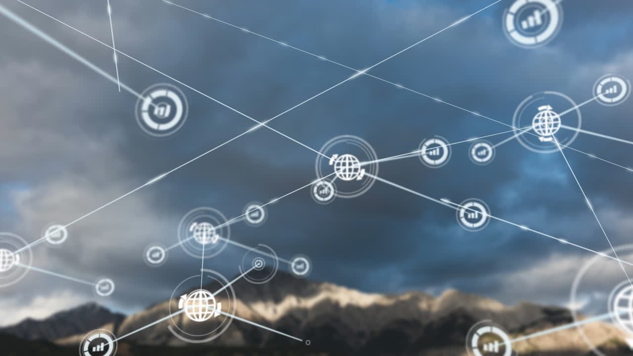 animación de la red de conexiones con iconos sobre el paisaje