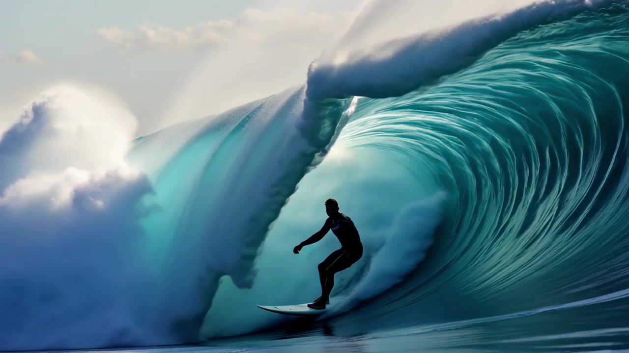 Surfista che cavalca una grande onda a tubo nell'oceano.