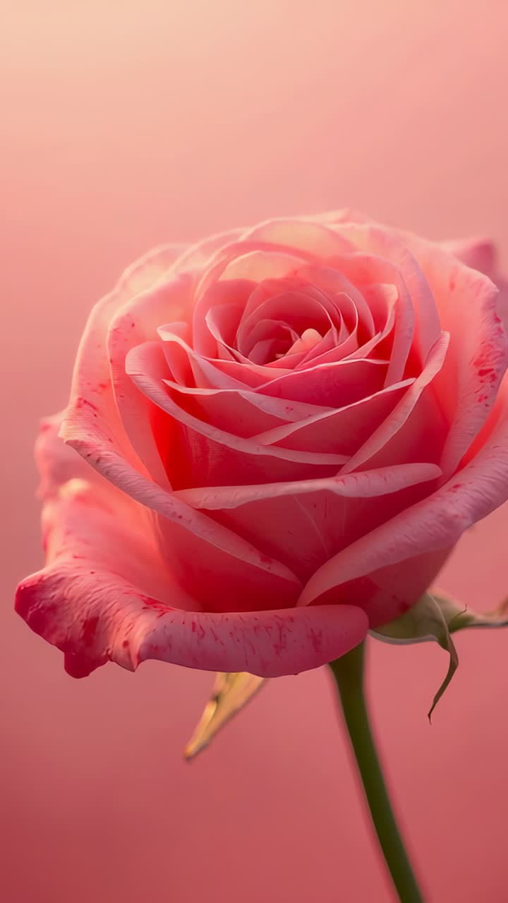 Video verticale: inquadratura stretta della camera su una rosa rosa in studio, con messa a fuoco sul centro e stelo in evidenza