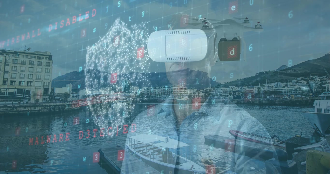 都市の景観を背景に、VRヘッドセットを装着した白人男性の周りにサイバー攻撃警告のアニメーションが展開される。
