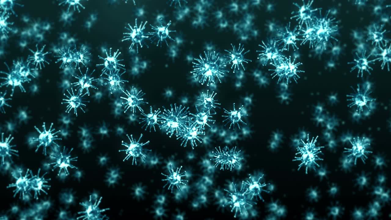 Flying many virus cells on black background. Medical concept, Microscopic illustration. 3D animation of virus molecule rotating. Loop animation.