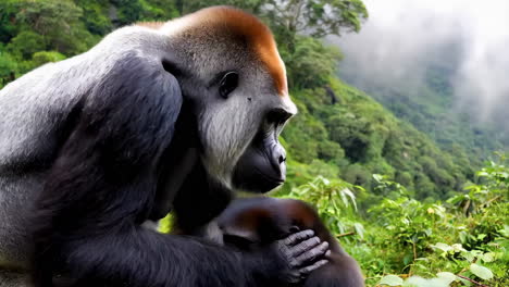 close-up of a gorilla in a misty mountain forest