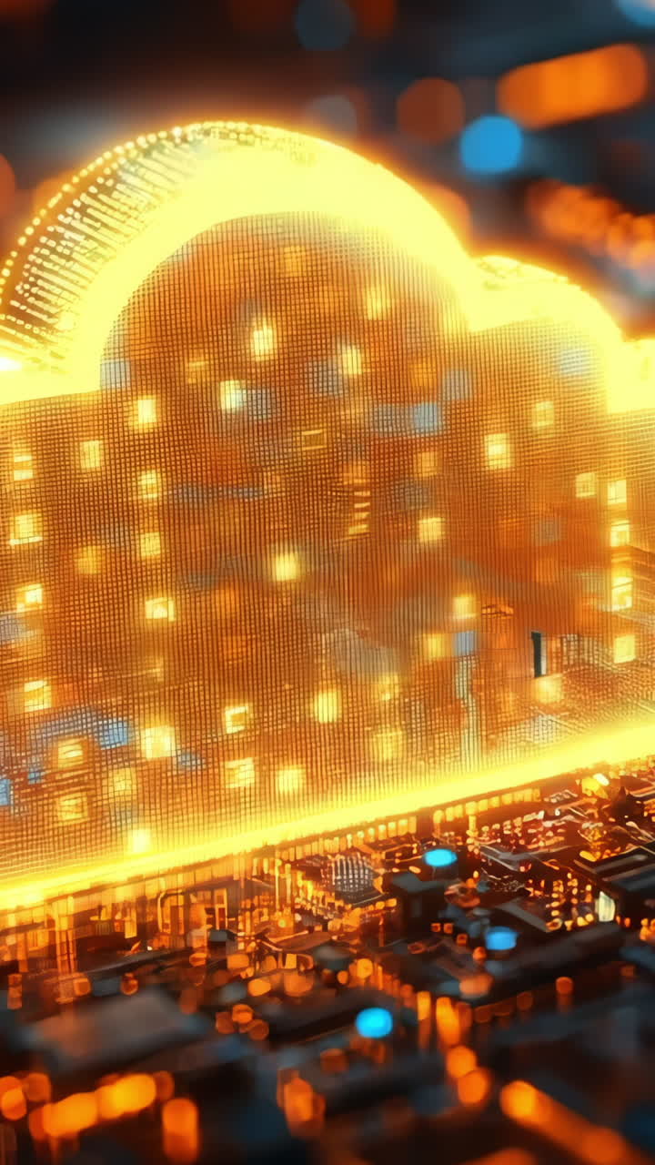 A glowing cloud is on top of a circuit board. The cloud is surrounded by a lot of blue and orange lights