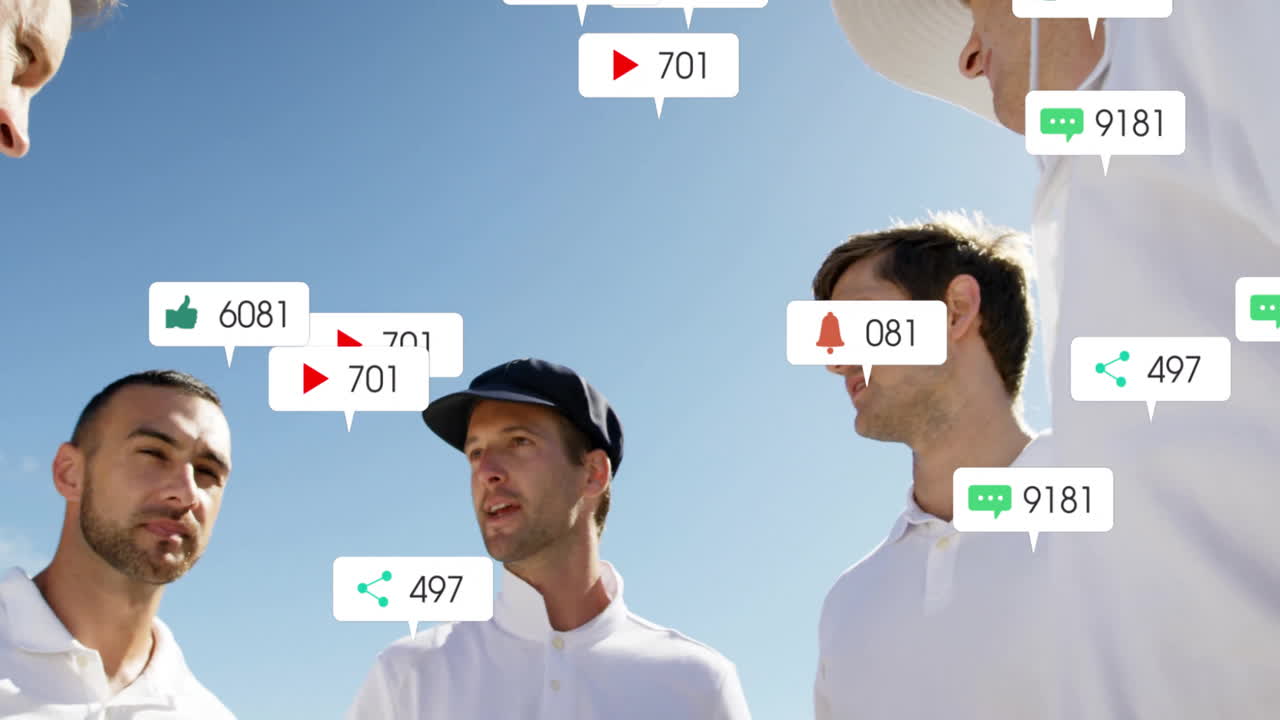 다양한 남성 크리켓 선수들의 증가하는 수를 가진 소셜 미디어 아이콘의 애니메이션