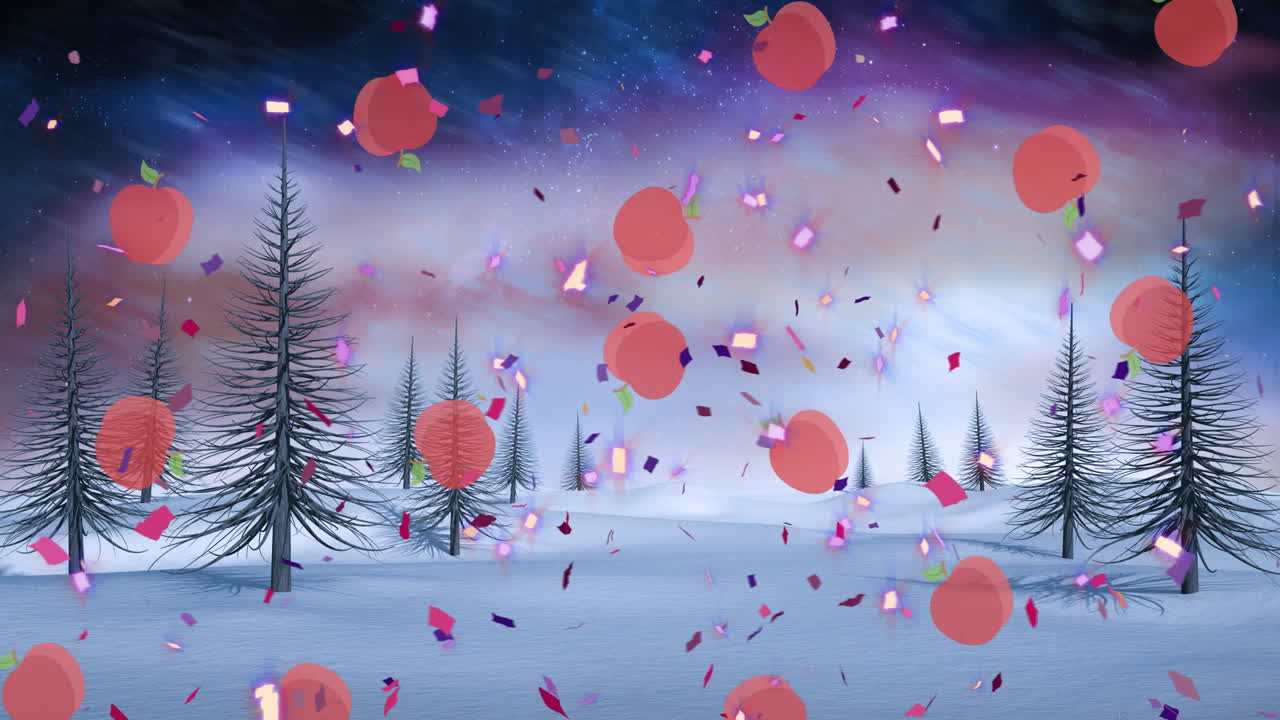 Colorful confetti and orange slices animation over snowy landscape with trees