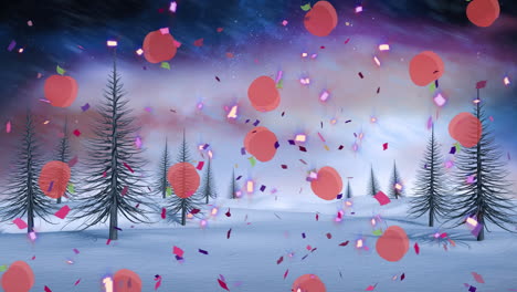 colorful confetti and orange slices animation over snowy landscape with trees
