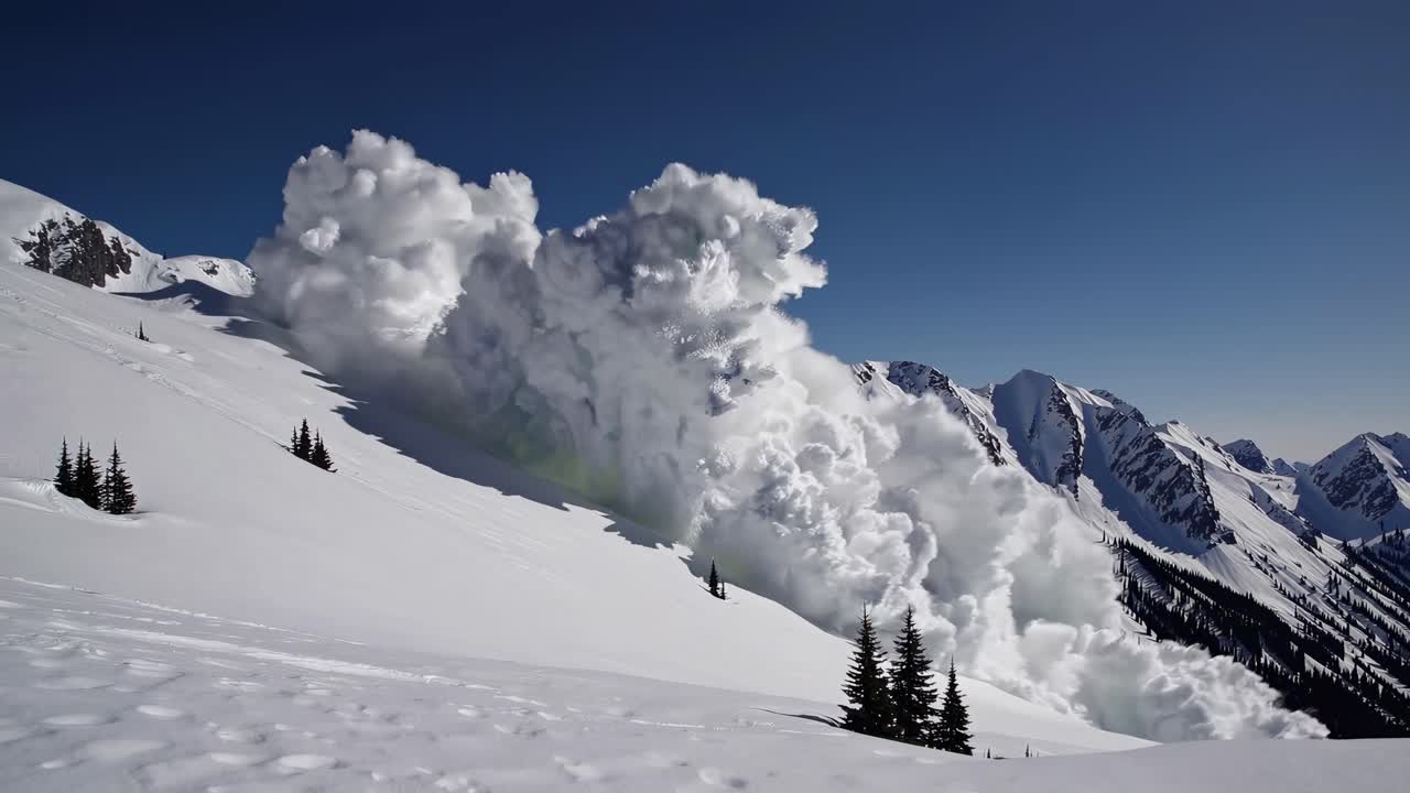 Wide-angle video capturing a panoramic view of snow-covered mountains under a clear blue sky