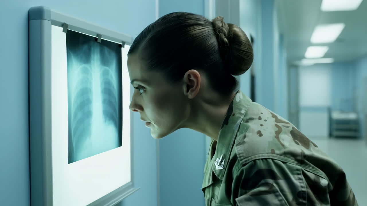 Female Military Doctor Examining a Chest X-ray