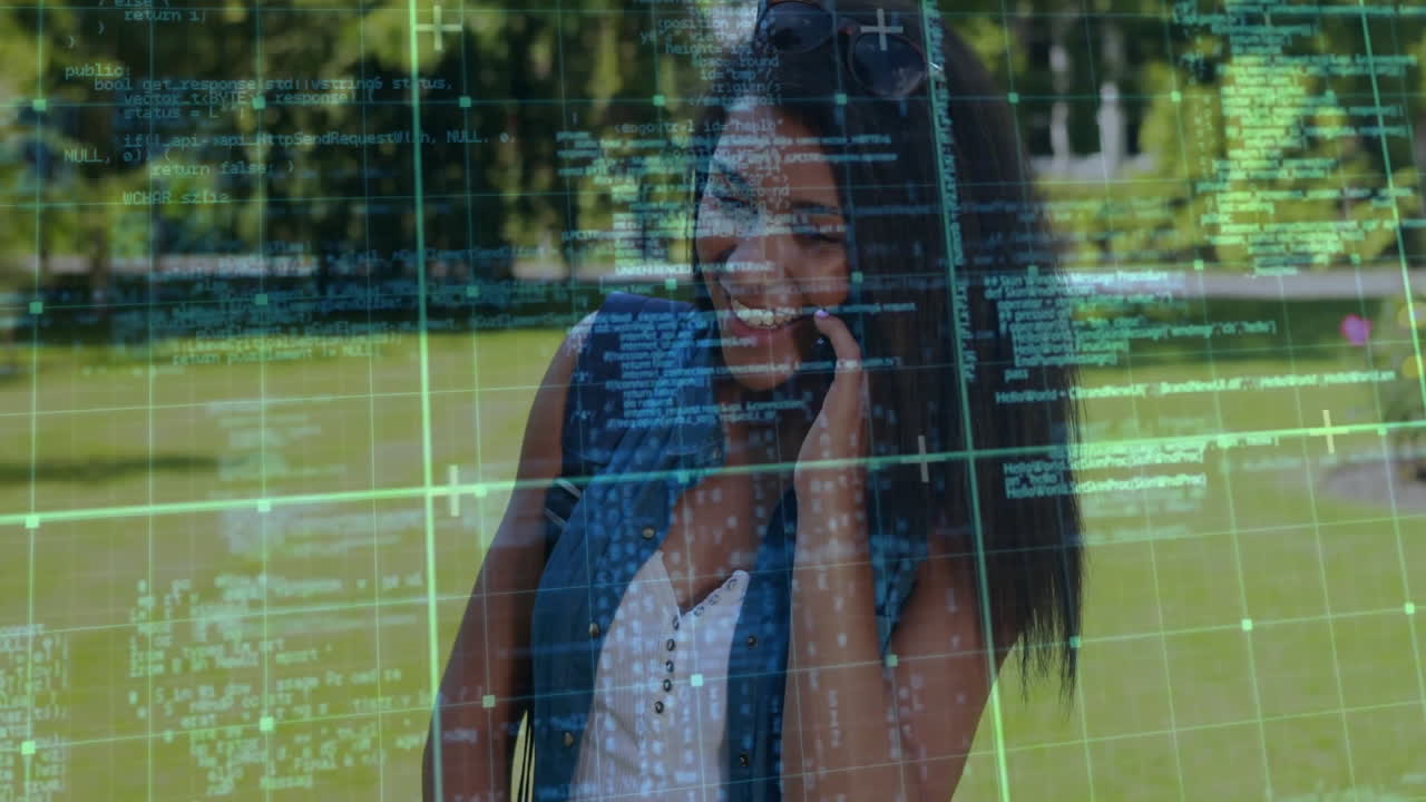 Animation of data processing over biracial female student talking on smartphone