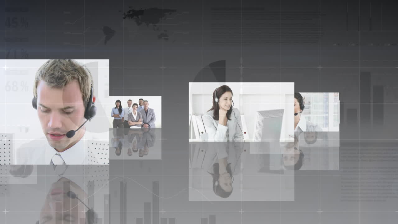 animación de estadísticas y procesamiento de datos sobre personas de negocios que usan auriculares telefónicos