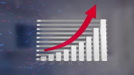 animation of arrow and statistics, digital data processing over office