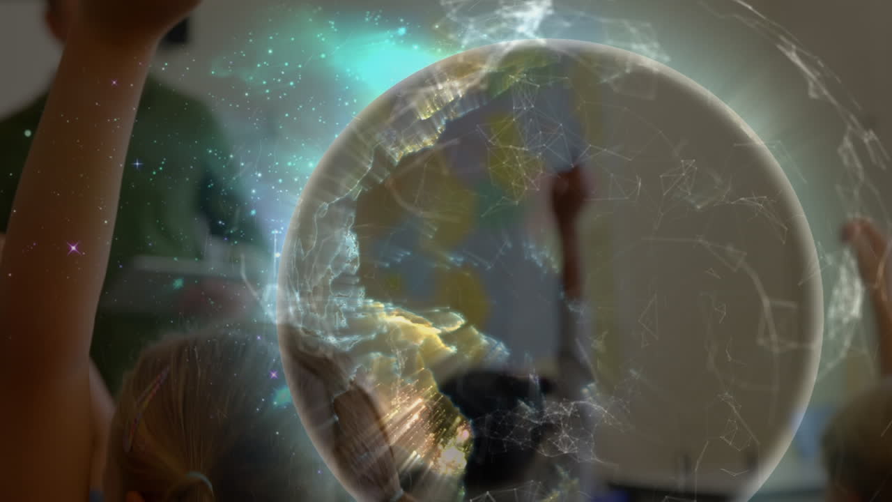 animación del globo sobre diversos escolares levantando las manos